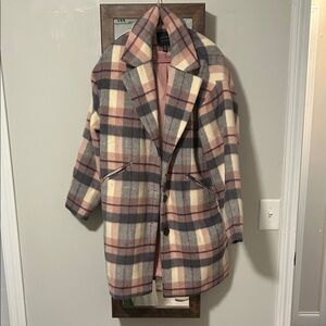 Sanctuary Plaid Pea Coat in Pink, Cream, and Gray